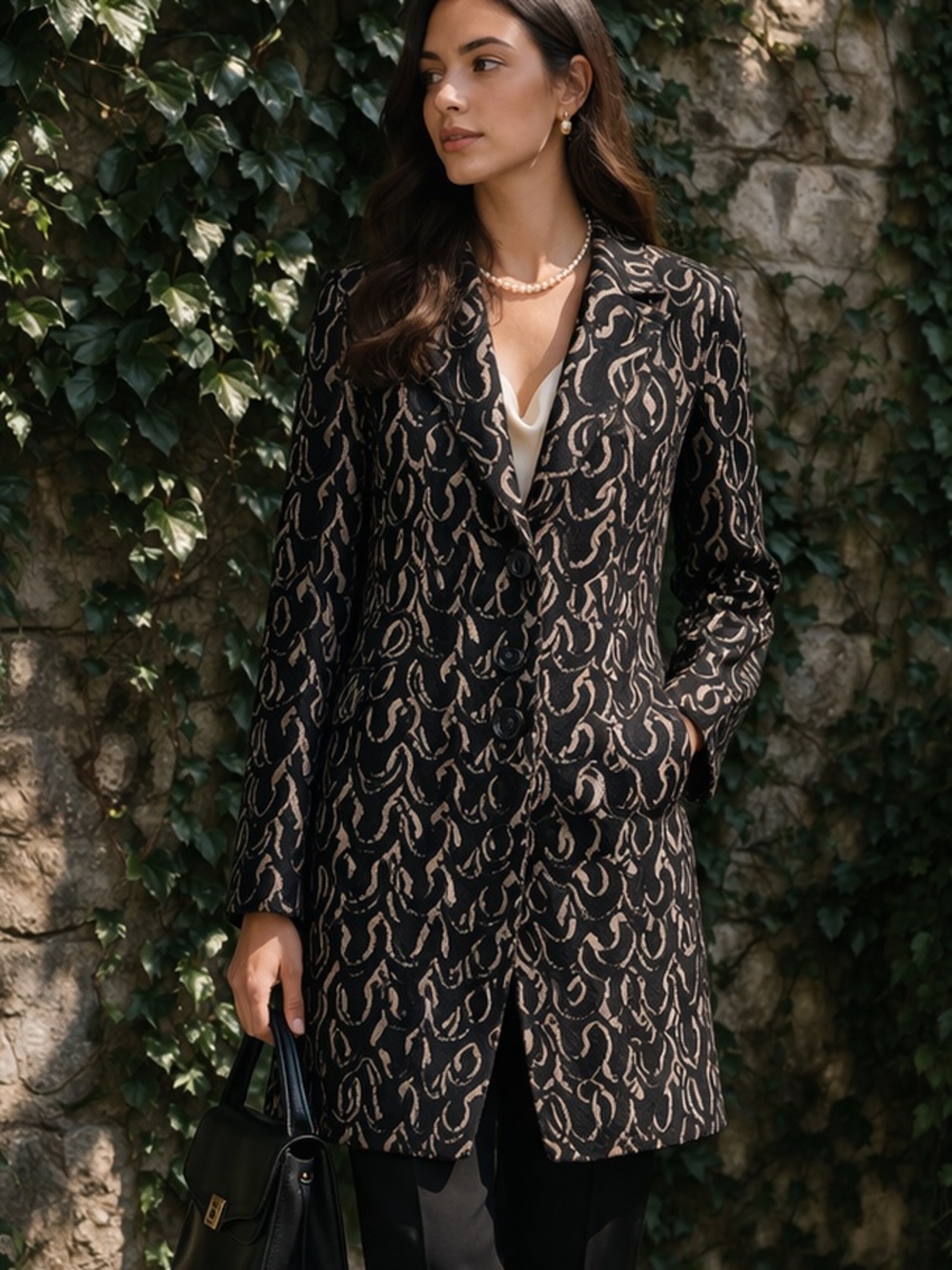 CABI Luxury Black Arabesque Nude Illusion Lace Three-Button Jacket, L